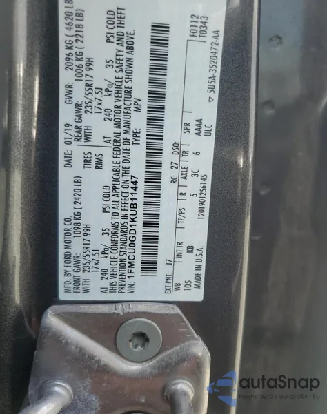 2019 Ford Escape Se z USA, uszkodzony, nr VIN 1FMCU0GD1KUB11447